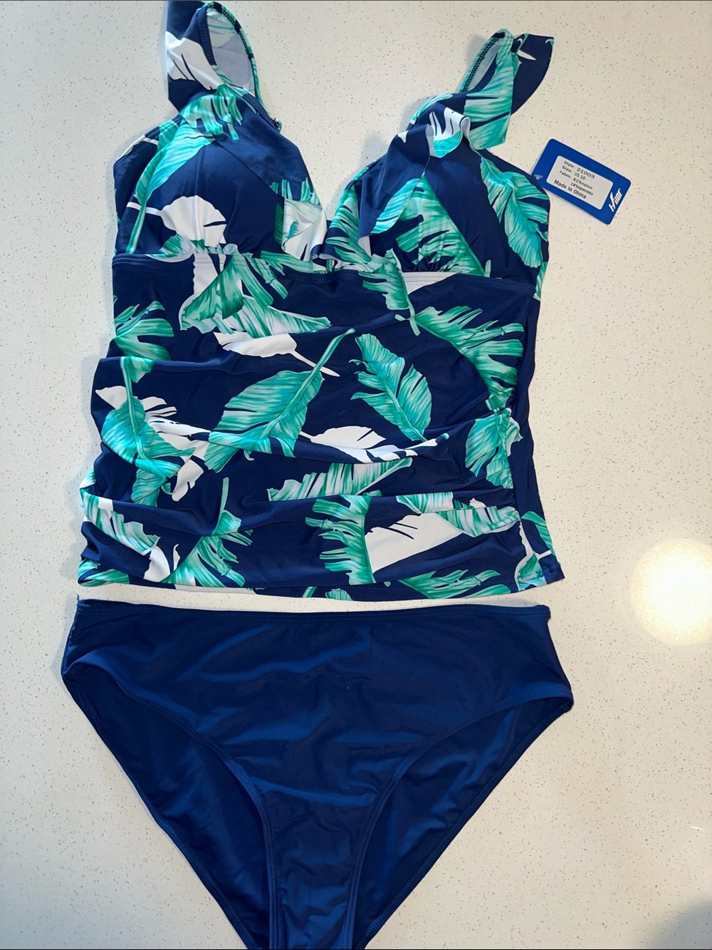 Women’s Navy Tropical Tankini Swimsuit with Green Leaf Print, NWT